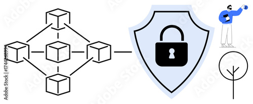 Interconnected blocks representing blockchain, shield with lock for cybersecurity, user analyzing data, and tree symbolizing eco-consciousness. Ideal for blockchain, data security, encryption