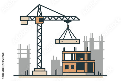 Construction site with tower crane and building in neon glow style