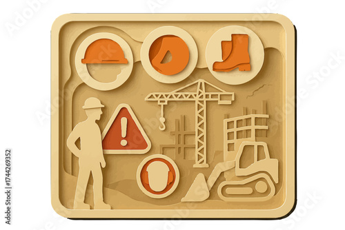 Construction safety icons in 3d paper cut style with silhouette elements