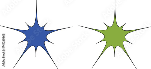 Isolated colorful starburst icon set, blue and green spiked star shape, abstract burst symbol, minimal modern vector, vibrant star design for decoration, celebration, logo, festive graphic element