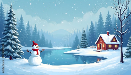  Winter landscape with snow and cozy house. Snowy vector landscape with pine trees, snowman, and warm house under night sky.