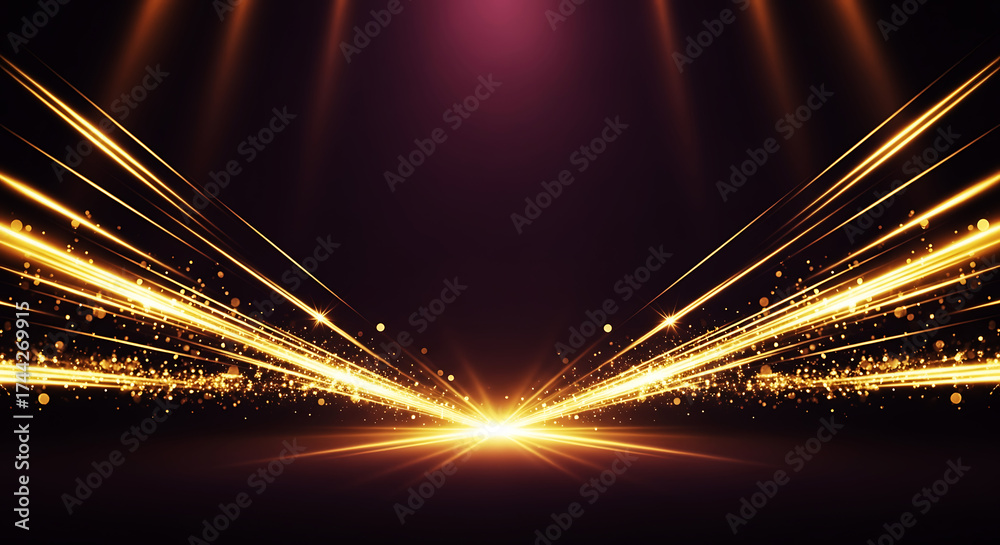 Obraz premium Abstract golden light streaks and particles exploding outwards from a central bright light source on a dark background