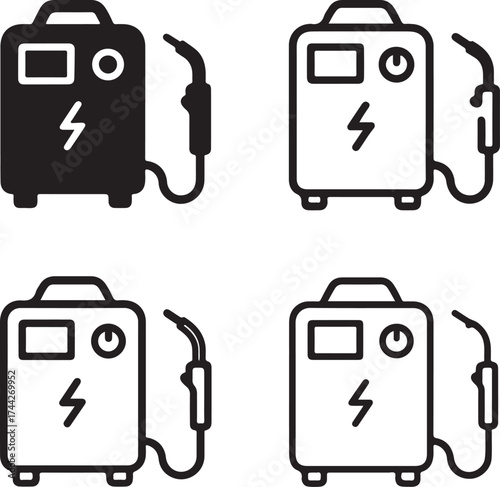 Welding machine icon set, industrial metalwork welding icon, tool symbol, welding machine vector, minimal design welding icon, welding machine icon for construction and workshop