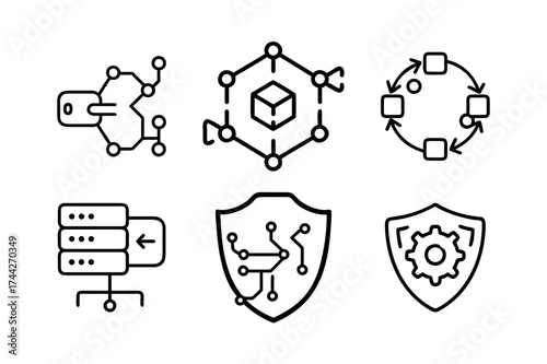 Set of Black Outline Icons of Cyber Security