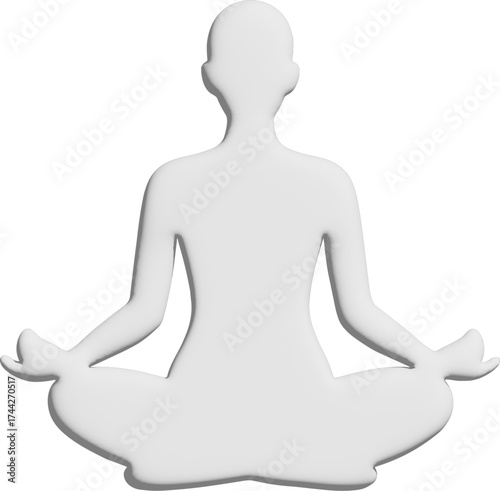 A smooth white 3D figure of a person sitting in a lotus pose, symbolizing meditation, balance, and inner peace against a minimalist background.