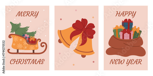 Collection of Merry Christmas and Happy New Year postcards. Traditional cozy winter elements for holidays. New Year and Christmas decorations. Colored flat vector illustrations.