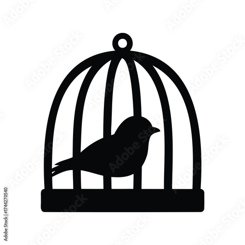Silhouette of a bird trapped inside a vintage style bird cage art