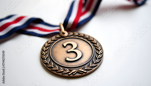 Bronze medal with a number three on a white background.