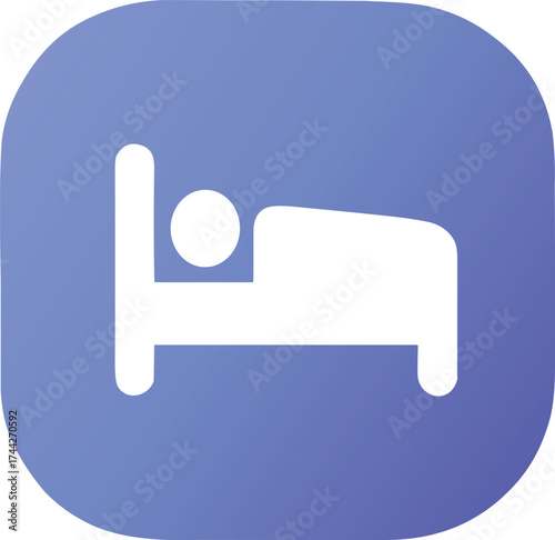 A minimalist white bed icon on a soft blue-to-purple gradient background symbolizes rest, relaxation, and quality sleep in a calm, modern design.