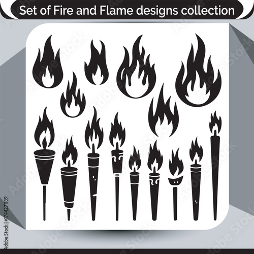 Collection of diverse fire and flame designs including torches symbolic of energy and power