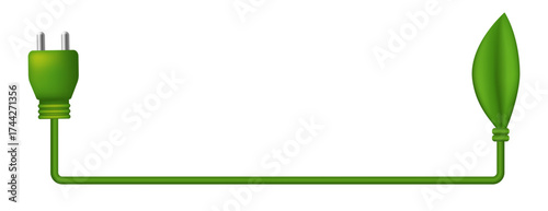 Alternative energy. Plug and green leaf on the end of the wire. Vector 3d illustration.