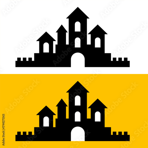 Haunted house. Vector black icon isolated on white and orange backgrounds.