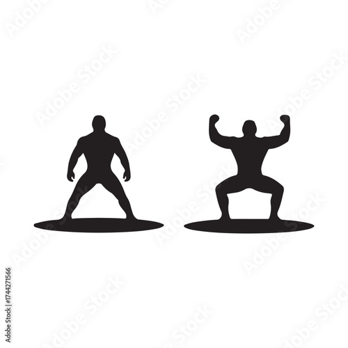 Two strong male silhouettes in dynamic fitness poses black and white