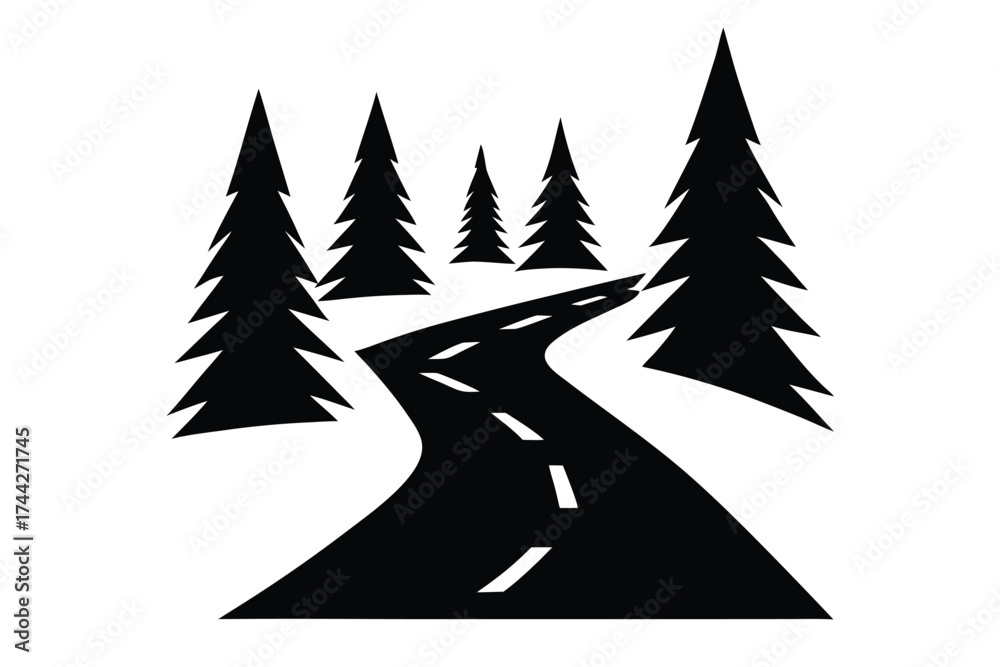Fototapeta premium frozen forest path simple line art silhouette vector icon