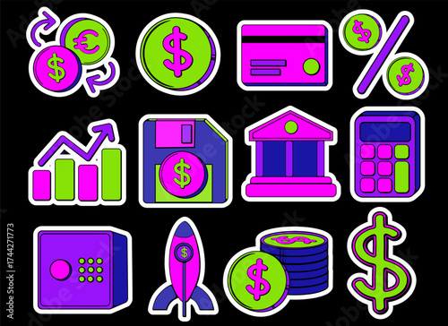 Bank and Finance Vector Set in Pop Sticker Style. Bright Neon Colors with Pop Culture Millennial and Gen Z Neo Flat Brutalism Aesthetic for Money, Payment, and Business Design.