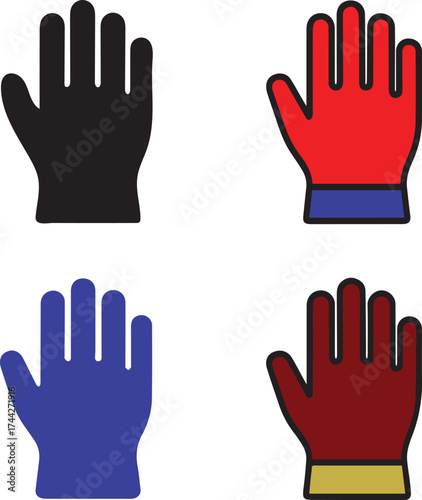 Hand glove colorful icon set, protective glove icon, hand safety symbol, glove icon vector, industrial minimal design, hand glove icon for workwear protection and safety