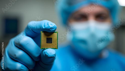Technician holding a CPU in a lab setting