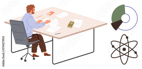 Scientist working at a desk surrounded by books and papers, with a pie chart and atom graphic nearby. Ideal for research, education, analysis, science, learning, innovation development. A simple