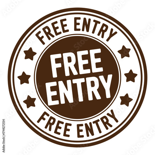 Circular stamp graphic promoting free entry with stars
