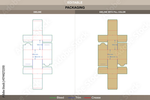 Tuck end box variations dump dieline, editable packaging template with fold structure and die line layout for retail, branding, and product presentation