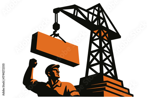Industrial construction scene with worker and crane in silhouette style