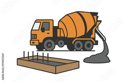 Concrete mixer truck pouring into foundation on grunge background