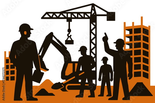 Construction site silhouette with workers and machinery in orange background