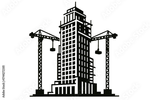 Modern cityscape with tower crane silhouettes against yellow background