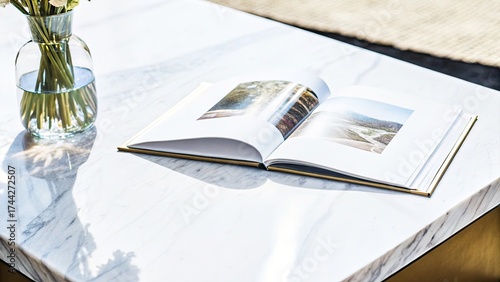 Open photo book on a marble table with flowers