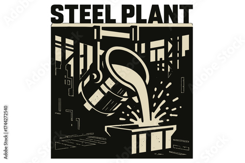 Industrial metalwork silhouette: molten steel pouring in factory setting