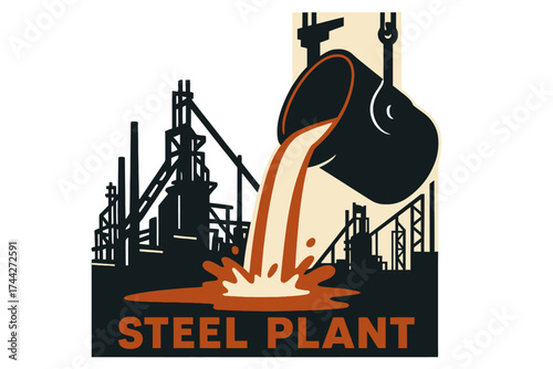 Industrial steel production design featuring molten metal pouring at plant