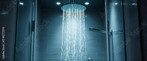 Sleek modern shower with rainfall head, glass enclosure, tiled walls, renovation, ceiling