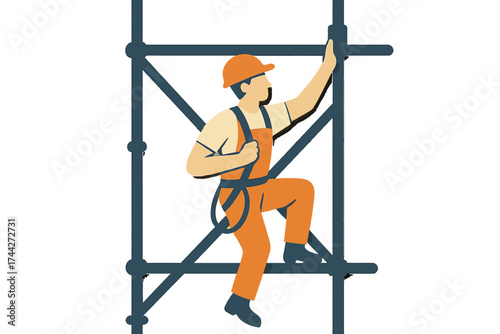 Construction safety: worker climbing scaffolding in modern flat design