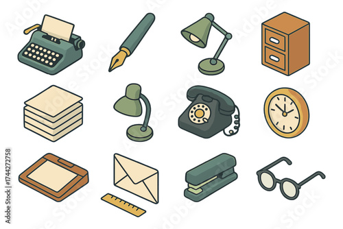 Vintage office supplies collection in isometric style with classic retro design elements