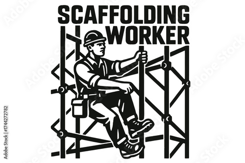 Silhouette of a construction worker on scaffolding with bold text on yellow background