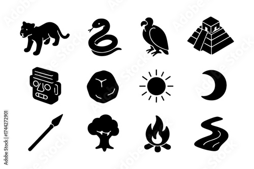 Ancient mesoamerican icons collection in bold silhouette style