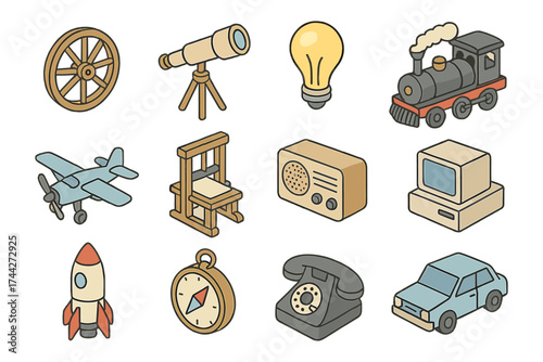 Retro technology and transport icons in isometric style for vintage design projects