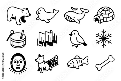 Winter arctic animals and icons in monochrome style