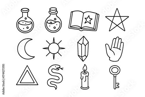 Mystical symbols set: hand drawn potion, crystal, and magical elements