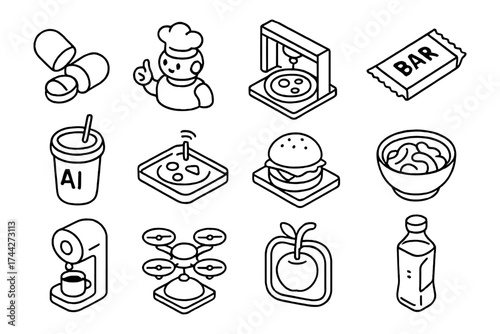 Isometric black and white food and technology icons set with ai, chef, and modern gadgets