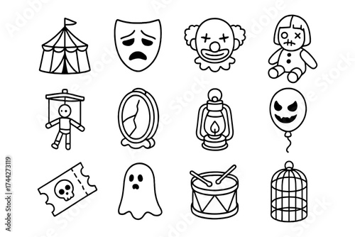 Halloween line art icons: circus tent, clown, lantern, puppet, ghost, drums, creepy doll, mask, balloon