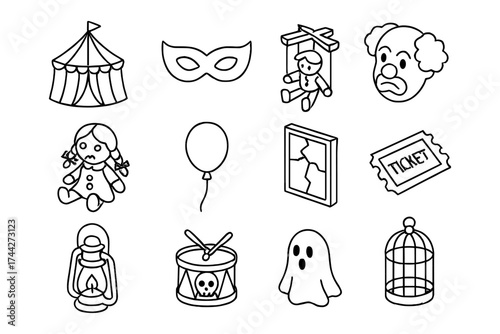 Halloween circus flat icons: mask, puppet, ghost, clown, and lantern designs