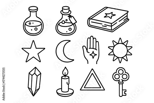 Mystical line art icons: alchemy, magic, and astronomy symbols collection