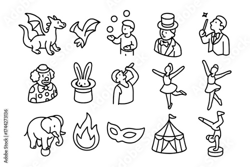 Circus elements: magical performers and animals in hand drawn style