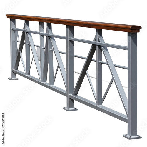 A metallic railing with a wooden top rail, intricate X-shaped supports, isolated on black
