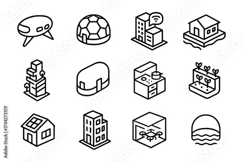 Futuristic linear icons of urban and sustainable architecture and technology