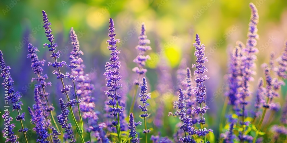 Naklejka premium The purple salvia flowers swaying in sunlit meadow with bokeh background