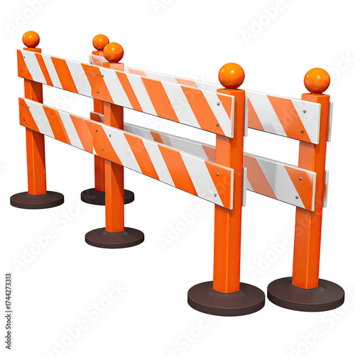Cartoonish orange and white striped construction barriers with round top lights, side view