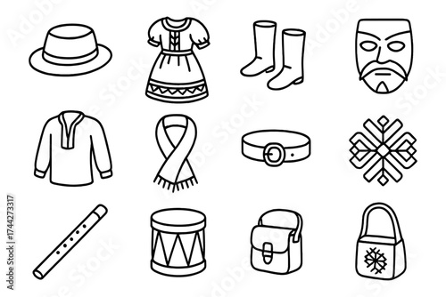 Traditional cultural icons set with clothing and accessories in linear style