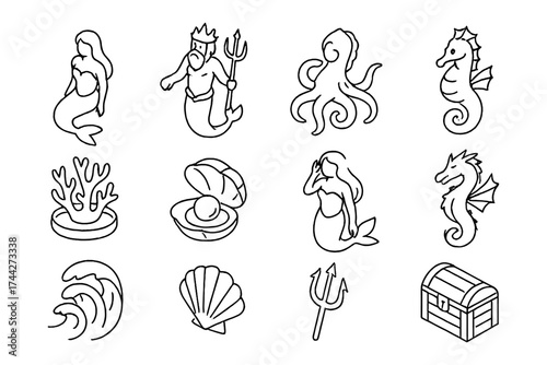 Oceanic icons: mythical marine life and nautical treasures in linear style